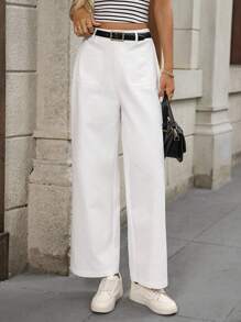 EMERY ROSE 女士休闲纯色直筒裤白色阔腿裤女白色裤子白色棉质裤子女白色裤子秋季女装外出老款女裤女装白色裤子阔腿裤女 - 白色 - 查看 5