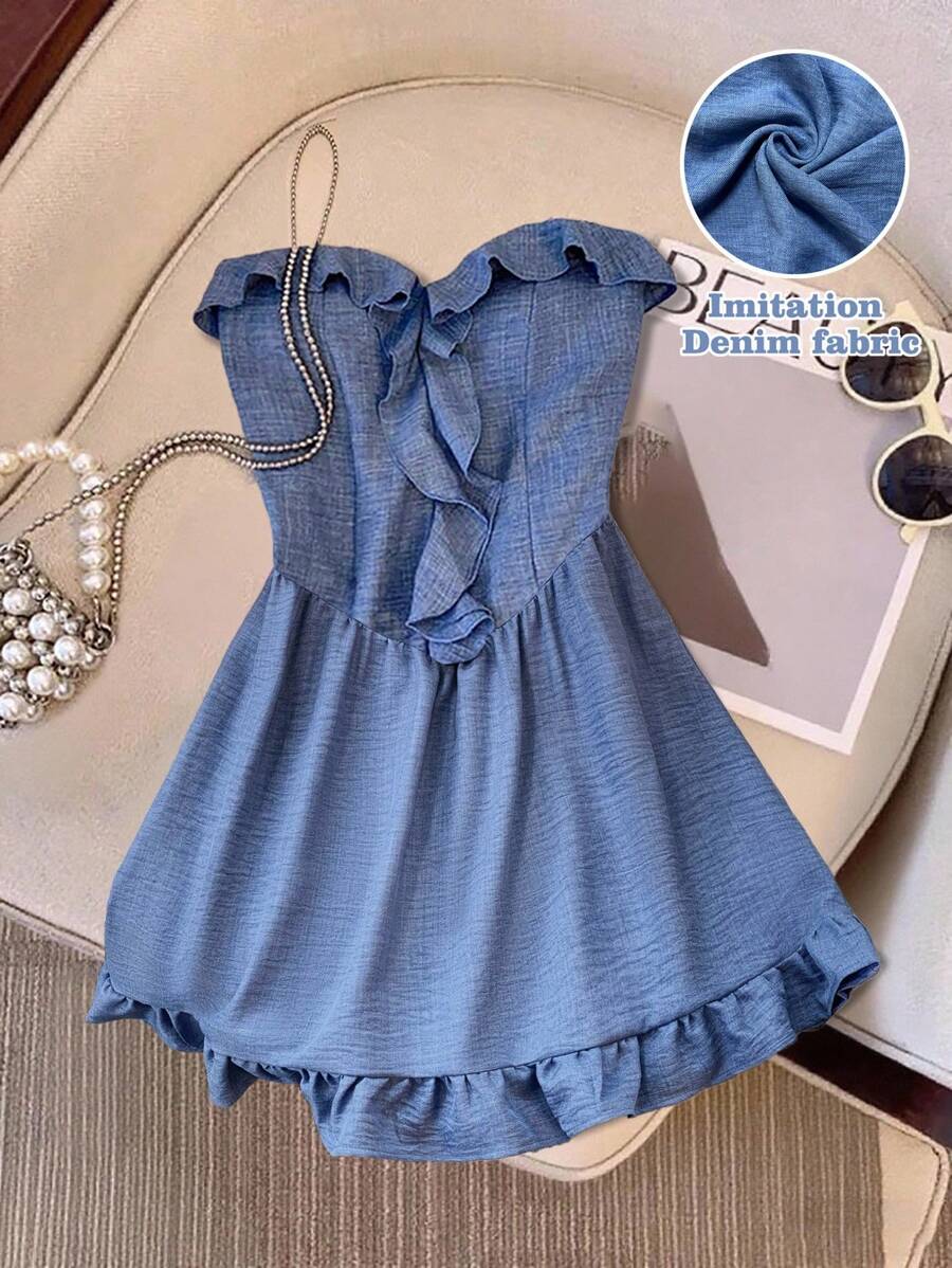 GlowEve Denim Effect V-Neck Ruffle Hem Elegant Women Short Dress