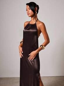 COSMINA Women's Elegant Halter Neck Satin Long Dress - Brown - View 6