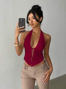 Camiseta de tirantes con cuello halter, cintura con lazo y abertura lateral, unicolor y sexy para mujer - Burdeos - Ver 4