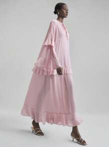 Ontre 女士长袖荷叶边连衣裙，海滩度假装，波西米亚海岛度假村音乐节万圣节圣诞派对优雅连衣裙优雅知性女性婚礼宾客礼服套装和美丽的法式宽松高端感的知性与优雅老钱风格邮轮服装度假装四季现代度假游牧休闲时尚百搭女装乡村演唱会服装西方风格女装 - 淺粉色 - 查看 6