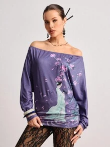 ROMWE Avant 女士复古中国画花卉印花露肩宽松T恤 - 紫色 - 查看 7