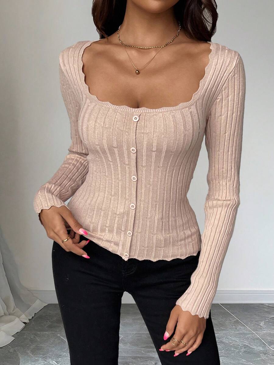 SHEIN PETITE Maglione a collo quadrato aderente con orlo ondulato, stile casual business, adatto per donna di taglia petite, autunno/inverno - Albicocca - Visualizzare 1