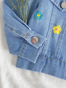 Vintaside Kids Baby Girl Autumn Fashionable & Versatile Floral Embroidery Washed Denim Jacket, Suitable For Daily Leisure Time And Mild Autumn Weather - Baby Blue - View 8