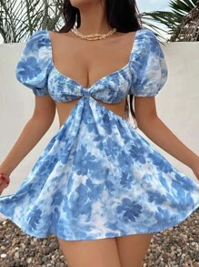 SHEIN Unity Women's Casual Vacation Versatile Fashion Tie-Dye Floral Print Puff Sleeve Mini Dress, Spring/Summer - Dusty Blue - View 4