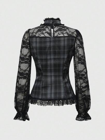 Goth Chemise à carreaux pour femmes avec manches bouffantes en dentelle contrastée et taille cintrée, style écolière