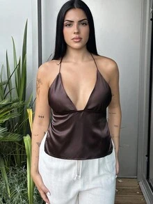 Lucia Bellido Áo thun satin cổ thấp hở lưng dự tiệc năm mới - Cà phê nâu - Xem 5
