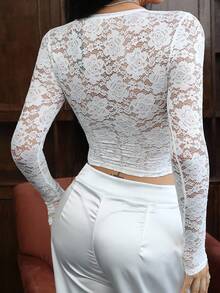 DAZY Women's Summer Round Neck Half-Placket Fitted Long Sleeve Lace Mesh T-Shirt, Sexy Minimalist Top