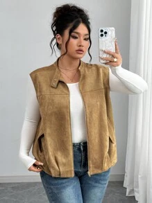 Elenzga Chaqueta sin mangas elegante de oficina/casual/vacaciones para mujer de talla grande, con cuello de cremallera metálica, botones dorados, hombros caídos, bajo plisado, forro, adecuada para primavera, otoño e invierno