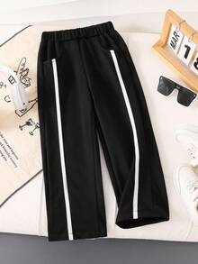 SHEIN 1 buc. Pantaloni sport casual negri pentru copii, potriviți pentru primăvară, vară, toamnă, iarnă, sezonul de întoarcere la școală - Negru - Vizualizare 7