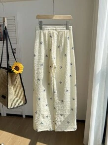 女童粉色条纹蝴蝶结印花泡泡袖纹理腰部白色撞色系带宽松裤子 - 黃色 - 查看 2