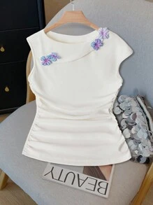 Modelyn Women's White Knitted Pleated 3D Floral Decor Asymmetrical Design Casual Summer T-Shirt - White - View 4