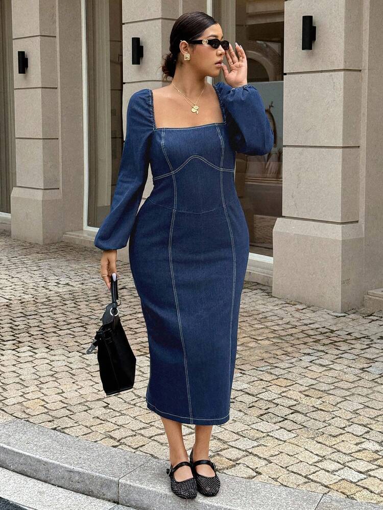 Dripcurv 大码女式优雅蓝色灯笼袖牛仔连衣裙，适合都市通勤、新年装扮和圣诞节穿着。 - 藍色 - 查看 5