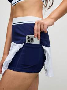 SHEIN Sports Women's Contrast Color Pleated Hem Pockets Cheerleader Sports Skort - Blue - View 4