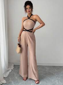 Rafferiza Women's Elegant Wave Strap Halter Hollow Out Waist Wide Leg Sleeveless Jumpsuit