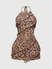 ROMWE Avant Y2K Vintage Leopard Print Ruffle Hem Women Dress - Brown - View 1