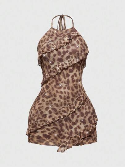 ROMWE Avant Y2K Vintage Leopard Print Ruffle Hem Women Dress