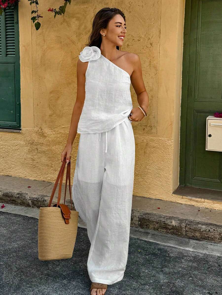 Selianne 2pcs/Set Women's Bohemian Style Linen Vacation Outfit - White - View 1