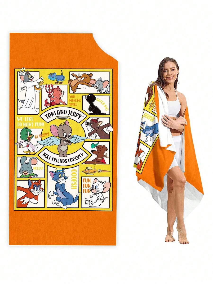 TOM & JERRY X SHEIN 字母和卡通图案海滩必备！柔软超强吸水超细纤维沙滩巾，提升你的海滩时光 - 橘色 - 查看 1
