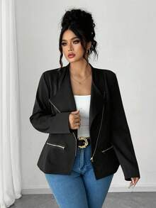 Elenzga 女式加大码复古黑色腰部收紧拉链长袖夹克 - 黑色 - 查看 3