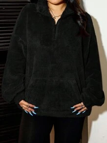 SHEIN EZwear 大码休闲纯色蓬松卫衣，秋冬季 - 黑色 - 查看 1