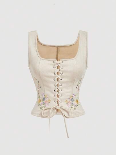 SHEIN MOD Women's Apricot Embroidered Tie-Up Suede White Tank Top, Bohemian Style Top, Suitable For Music Festivals