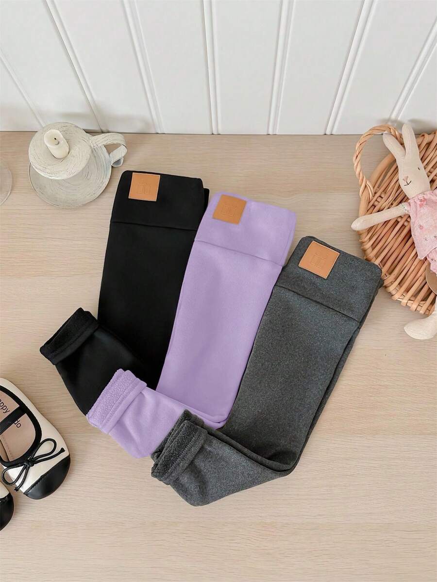 SHEIN LMoss Kids LMoss 3件套女婴秋冬加厚保暖内衬打底裤（黑色、灰色和杏色）。买1送3，百搭休闲保暖内衬裤 - 彩色 - 查看 1