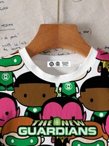 Green Lantern X SHEIN 男童圆领短袖舒适休闲卡通英文字母印花图案T恤全身印花 - 白色 - 查看 3