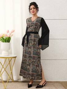 Yasmyna 喇叭袖雪纺长袖优雅亮片刺绣阿拉伯女式连衣裙 - 黑色 - 查看 4