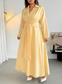 Firerie 大码女士优雅休闲衬衫裙，卷袖，交叉领结，V 领，适合任何场合，长款，春夏 - 黃色 - 查看 3
