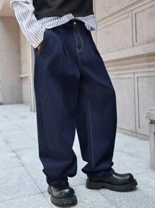 Claim Dot 男士休闲水洗宽松喇叭牛仔裤 - 深色水洗藍 - 查看 4