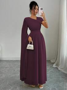 Selianne 女士雪纺衬里优雅不对称肩部、领口、袖子褶皱腰连衣裙，适合下午茶派对，春夏季