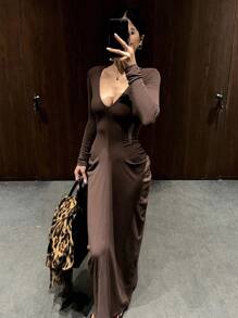 DAZY Women's V-Neck Cinched Waist Long Sleeve Wrap Midi Dress - Brown - View 3