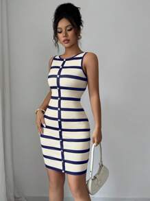 Elenzga Váy ngắn không tay họa tiết sọc thời trang đa năng dành cho nữ - Nhiều màu - Xem 4