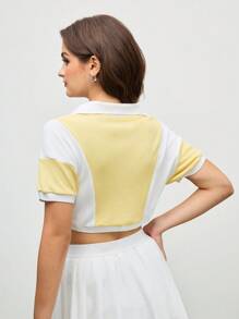 SHEIN Unity 女式休闲拼色短袖 Polo 衫，夏季 - 黃色 - 查看 2
