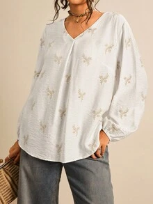 SHEIN LUNE Plus Size Women's Floral Embroidery V-Neck Lantern Sleeve Loose Casual Shirt V Neck Blouse Embroidered Blouse White Blouse Fall Clothes For Women Business Casual Woman - Multicolor - View 4