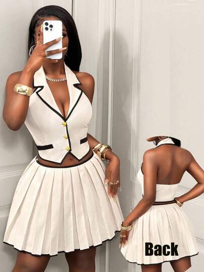 BamGleam 女士 BamGlam 亚麻拼色饰边无袖西装外套薄夹克 + 裙子和裤子套装，极简时尚，休闲日常穿着，办公室优雅通勤，适合春夏秋季，Ins 博主服装两件套女装