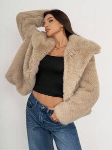 SHEIN Tall 女款高端毛絨人造毛皮夾克，卡其色冬季保暖短版外套，優雅休閒毛茸茸上衣，適合各種場合，秋季時尚短版夾克，適合高個子女性 - 摩卡棕 - 查看 6