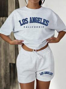 2 pièces Set femme Tenue graphique lâche à manches courtes Los Angeles, été