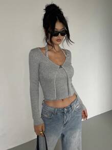 DAZY 2件套女士开衫和挂脖针织上衣套装秋季 - 灰色 - 查看 2