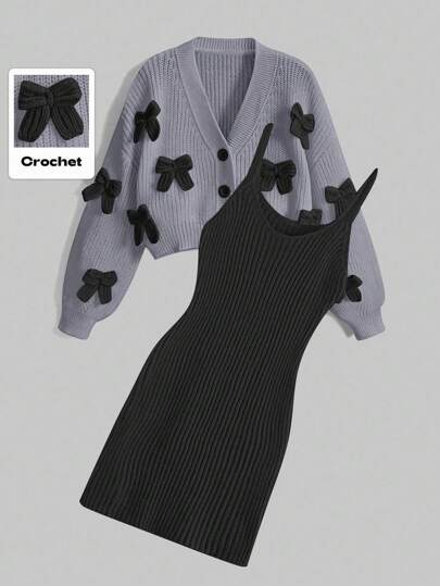 Kawaii Ensemble 2 pièces Cardigan avec décoration nœud papillon et robe en tricot Coquett