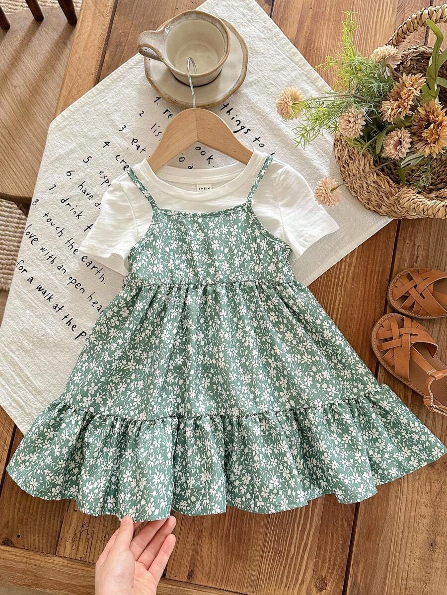 SHEIN LMoss Kids Babygirl Summer Cute Ditsy Floral Camisole Dress & Short Sleeve Knit Top Set