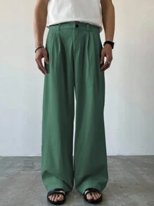Claim Dot Men's Solid Color Pleated Pocket Wide Leg Loose Casual Pants, Fall - Grass Green - View 5