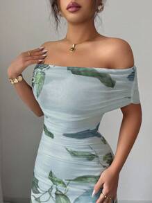 Modelyn Women's Mesh Printed Off-Shoulder Ruffle Summer Casual Dress - Blue - View 5