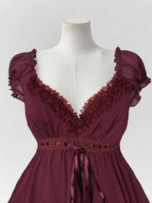 Blusa elegante de talla con ribete de encaje en unicolor, para el verano - Gris - Ver 3