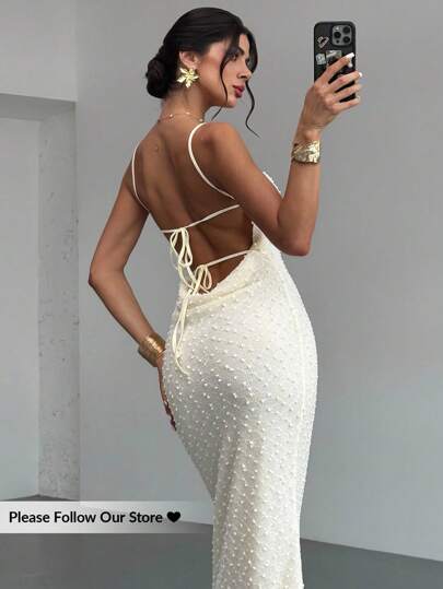 Firerie Damen Aprikose texturiertes Meerjungfrau Neckholder rückenfreies Bindekleid in Maxilänge, sexy elegant, geeignet für Frühling/Sommer, Strandmode, Pendeln, Urlaub, Strand, Boho, Hawaii, Date, Party, Konzert, Hochzeit, Abschluss