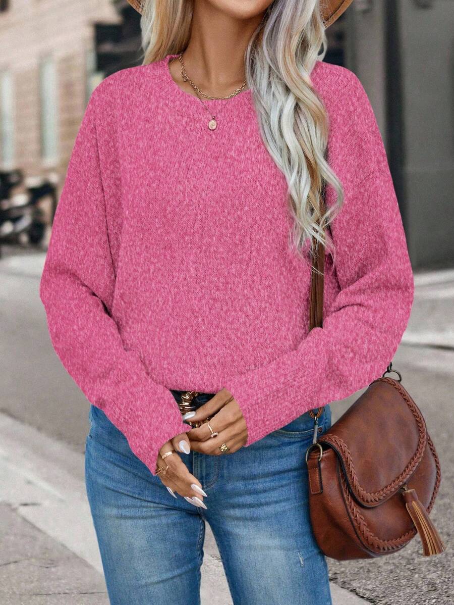 EMERY ROSE Casual Solid Color Drop Shoulder Loose Knit Sweater, Autumn/Winter Knit Pullover Fall - Hot Pink - View 1