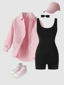 2 件套年轻女孩度假休闲舒适长袖衬衫和无袖紧身裤套装 - 粉色 - 查看 3