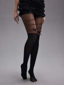 ROMWE Kawaii 1pc Cute Black Bow Sexy Fishnet Tights/Pantyhose/Leggings For Women - Black - View 4