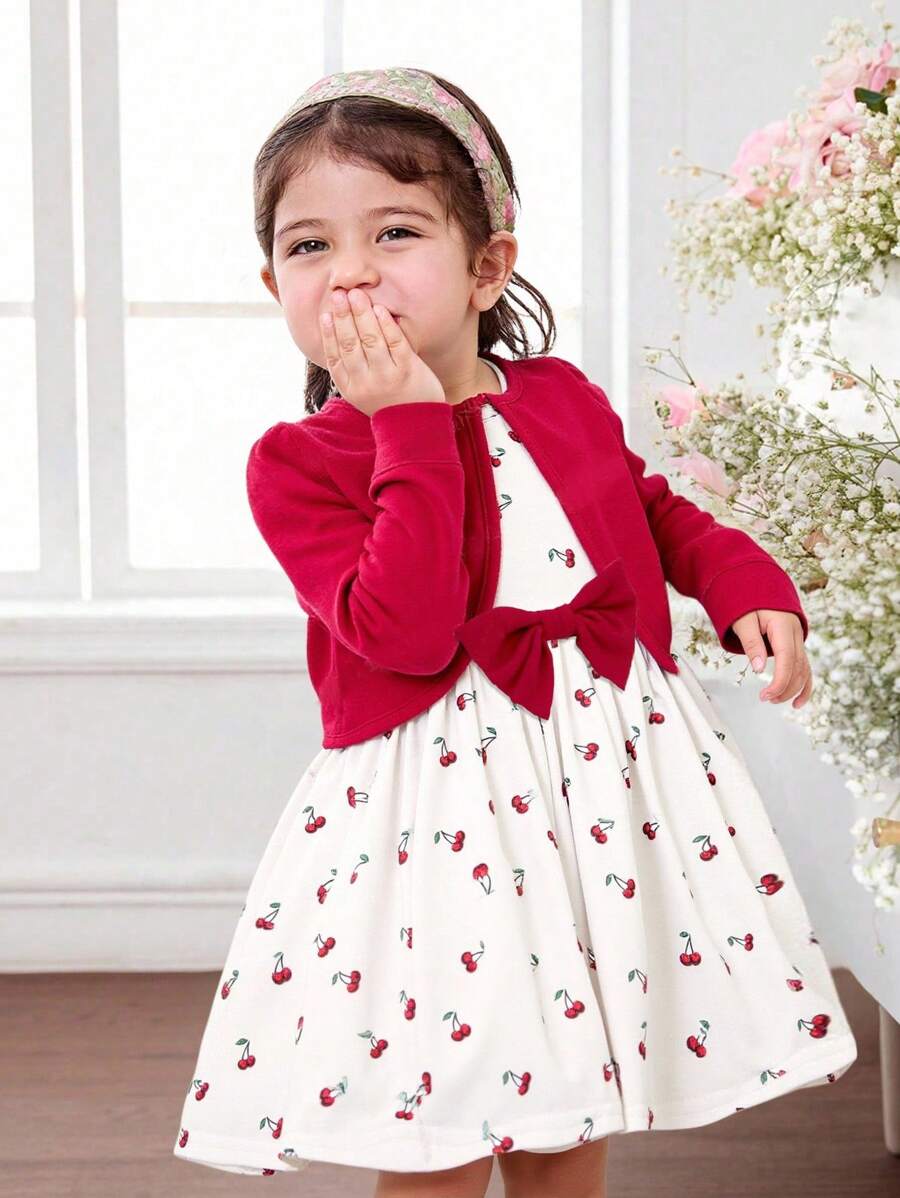 SHEIN Baby Girls Cute Versatile Casual Red Cardigan With Cherry Pattern & Bowknot Decor Knit Dress Set - Multicolor - View 1